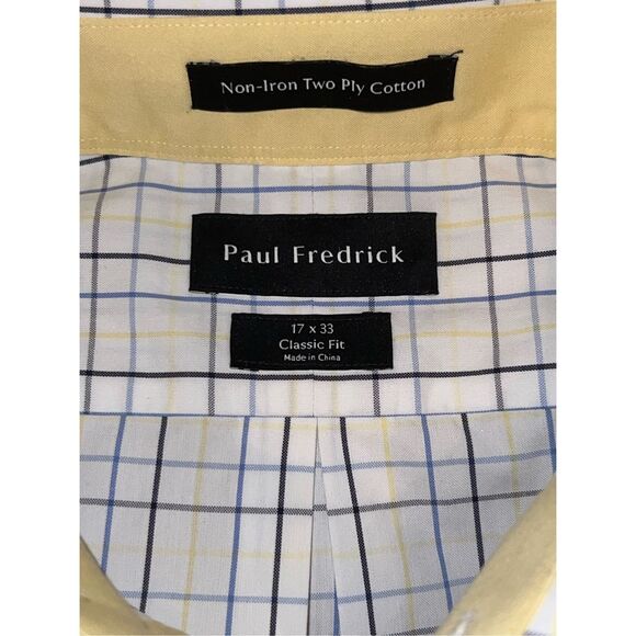 Paul Fredrick Non Iron Classic Fit Blue Yellow Check Button Up Neck 17 X 33 #74 - Picture 4 of 4
